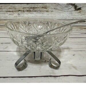 Vintage Clear Glass Relish/Jelly Dish with Silver Metal Spoon & Stand